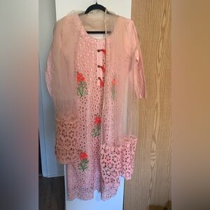 Elegant Lace Embroidered Kurta in Blush Pink with Floral Details